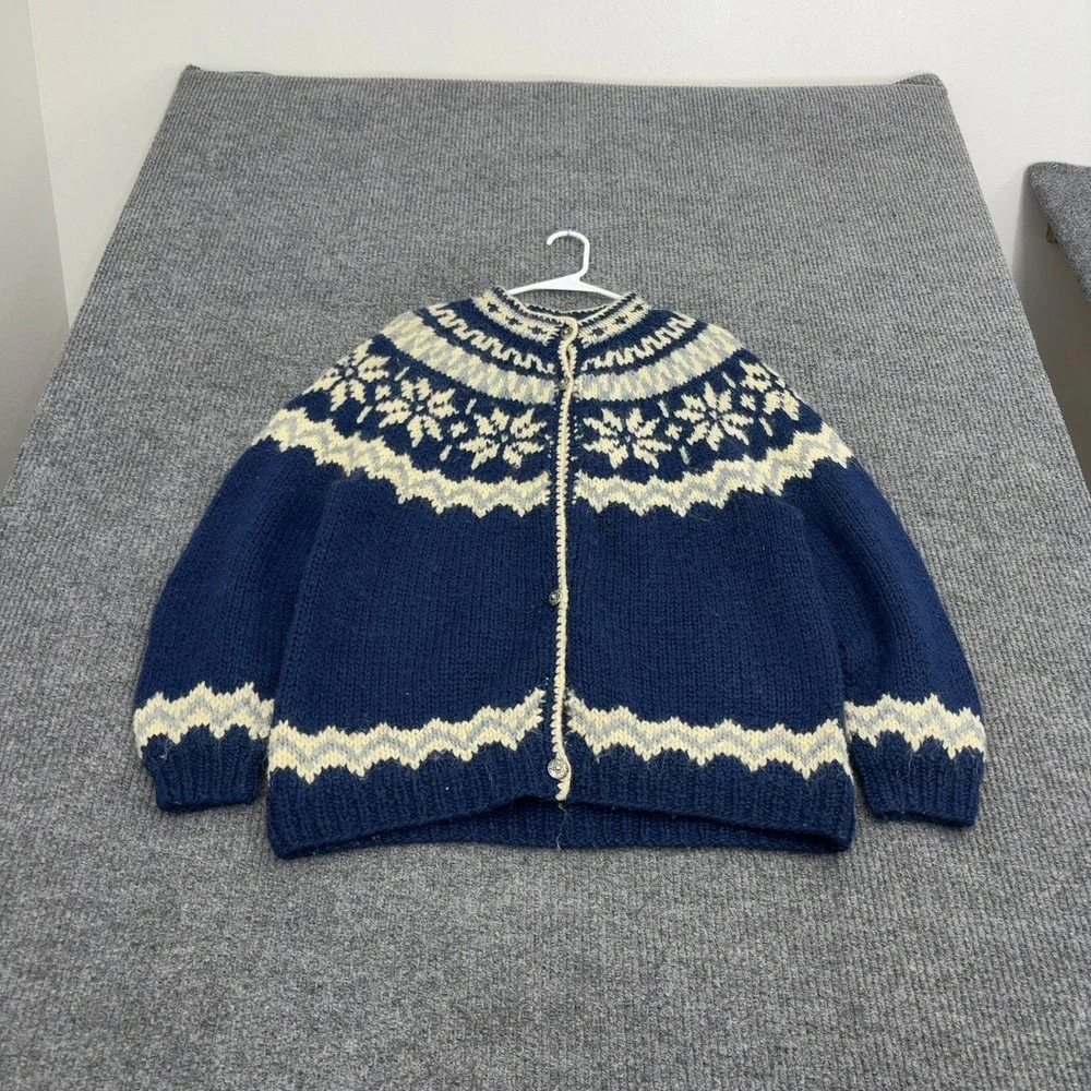Vintage Cardigan Womens L Blue Wool Nordic Fair Isle Snowflake Chunky Boho Style